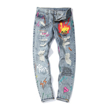 Load image into Gallery viewer, Graffiti print ripped jeans
